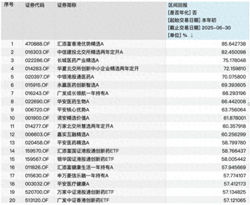 2025年上半年基金收益榜单揭晓！港股与医药主题成赢家？