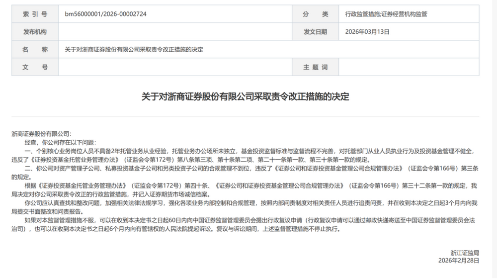 浙江证监局连发罚单，直指券商从业人员执业规范及机构合规问题